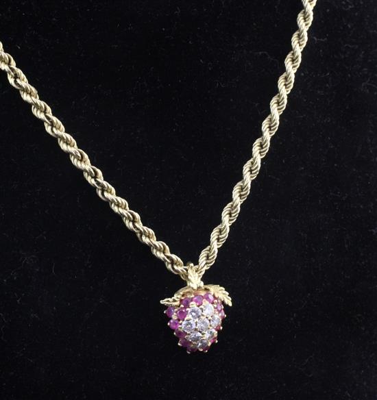 An 18ct gold, ruby and diamond set cluster pendant, modelled as a strawberry, pendant & chain, 0.75in.